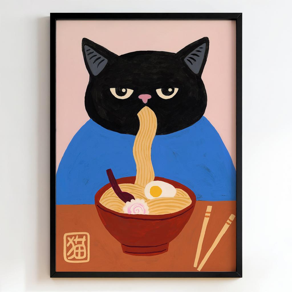 "Black Cat Eating Ramen" чорний кіт із раменом PS7872