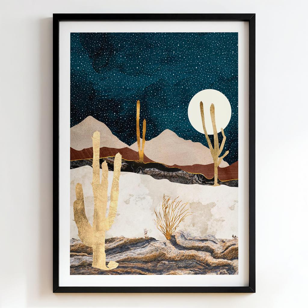 "Moonlit Desert Gold" абстрактний пустельний пейзаж із кактусами PS8449