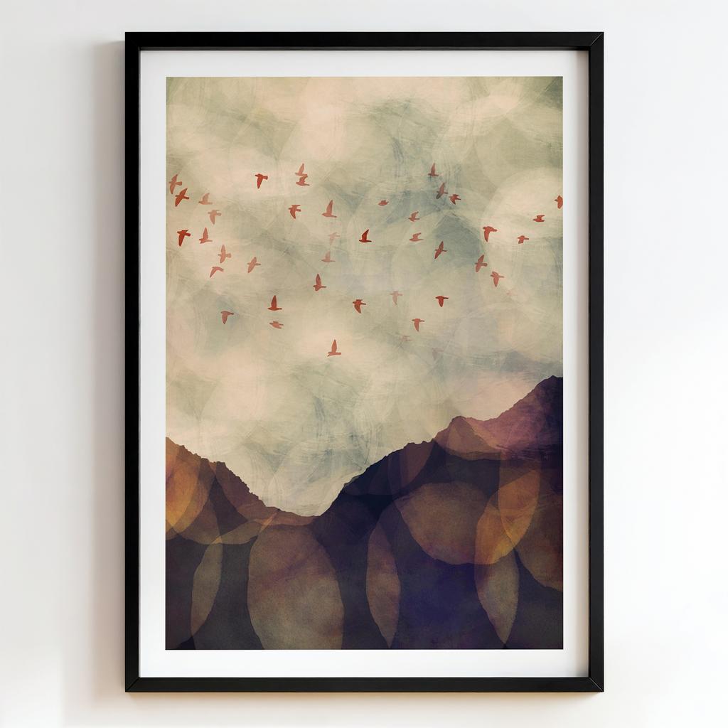 "Silent Flight Over Mountains" абстрактний гірський пейзаж із птахами PS8450