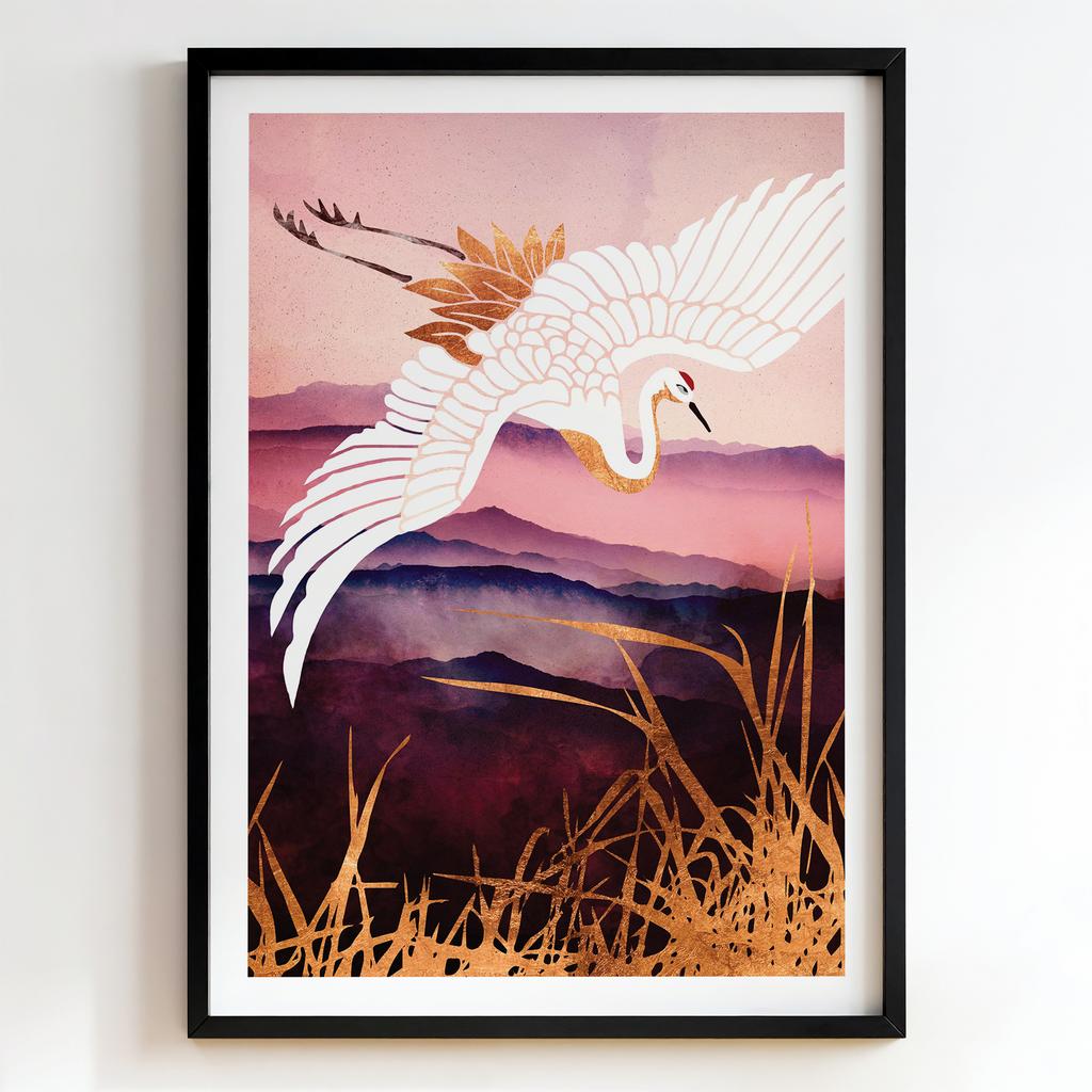 "Golden Crane at Dusk" білий журавель над горами PS8451