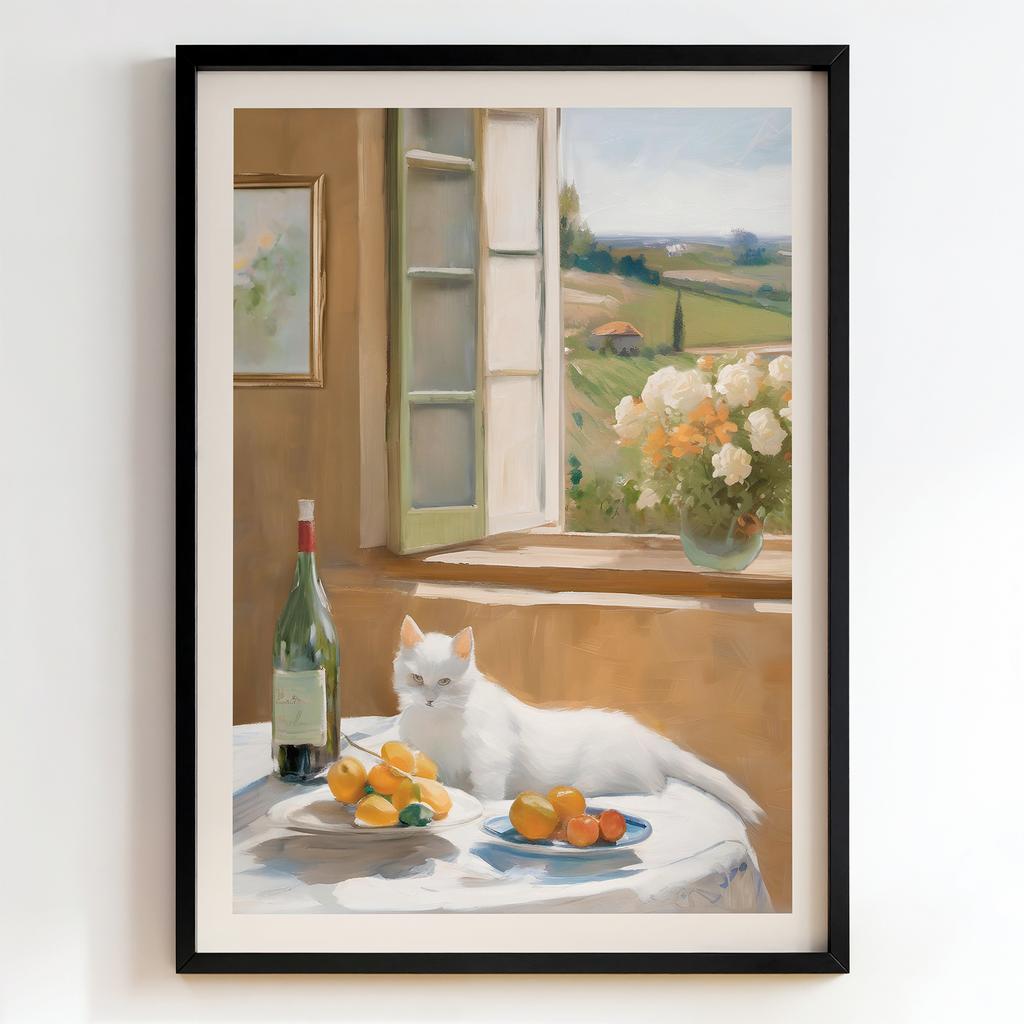 "Sunlit Window with White Cat" затишний інтер'єр із білим котом PS1543