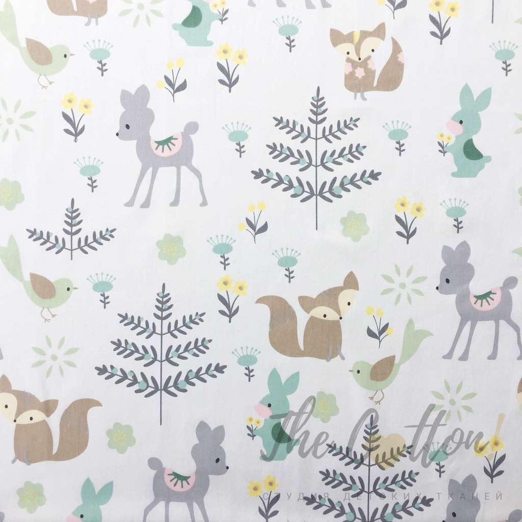 Сатин - Лисички, косули, зайчики и птички, мятные