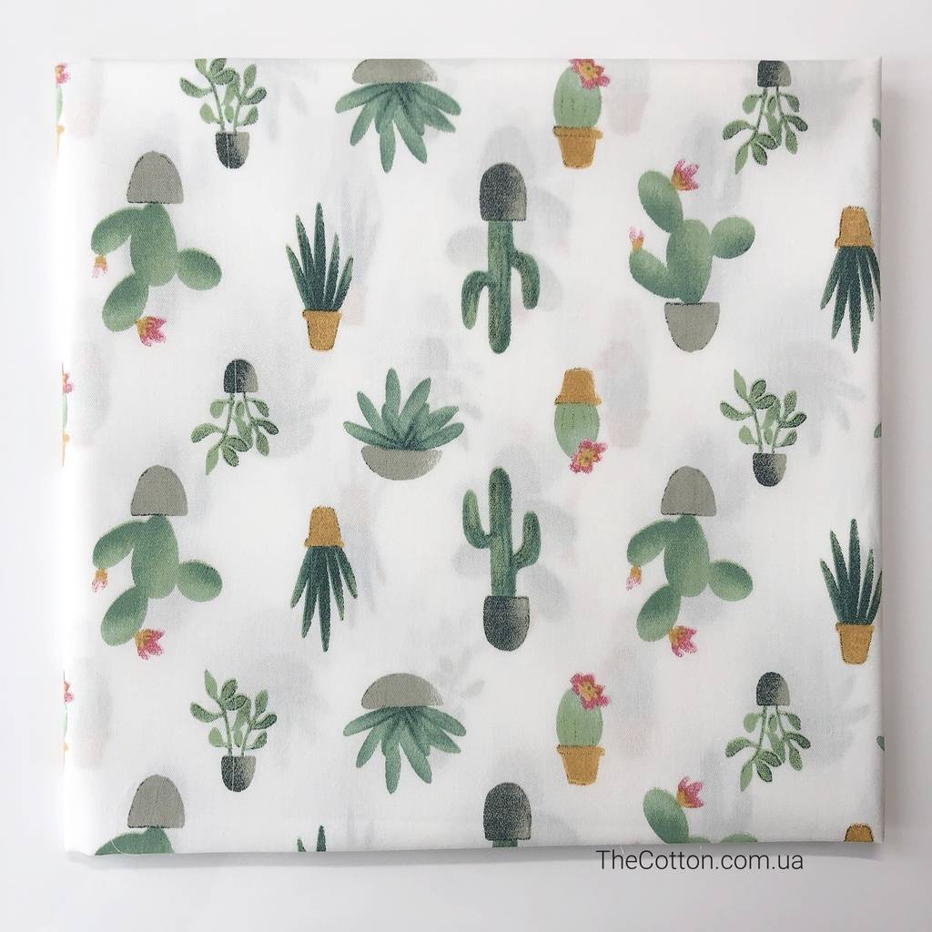 Хлопок для шитья и рукоделия - Кактусы, суккуленты в горшочках