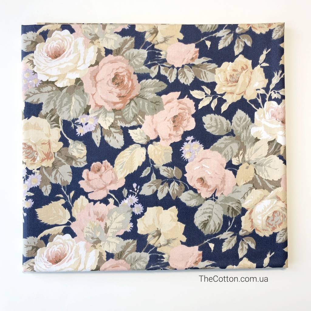 Отрезы хлопка, сатин Винтажные розы на синем - для пэчворка и рукоделия