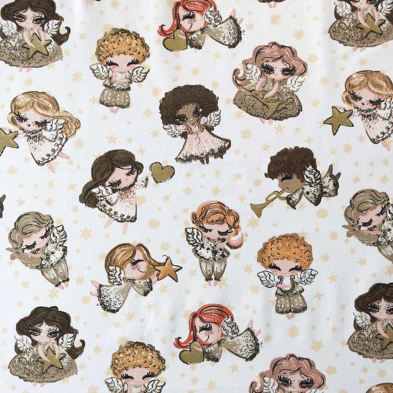 17.501. Відрізи бавовни - Бязь - Ангелочки із золотистими серцями на білому, гліттер