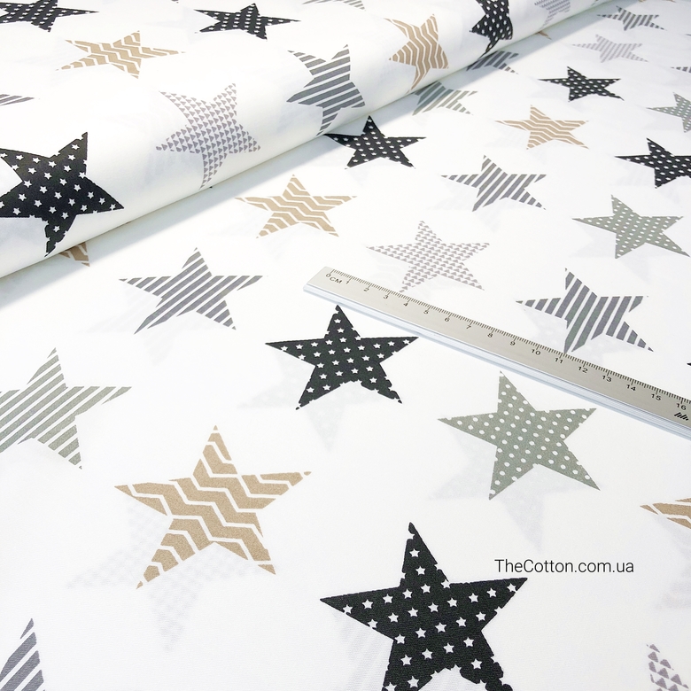 14.156. Сатин - Зірки з принтами сіро-коричневі