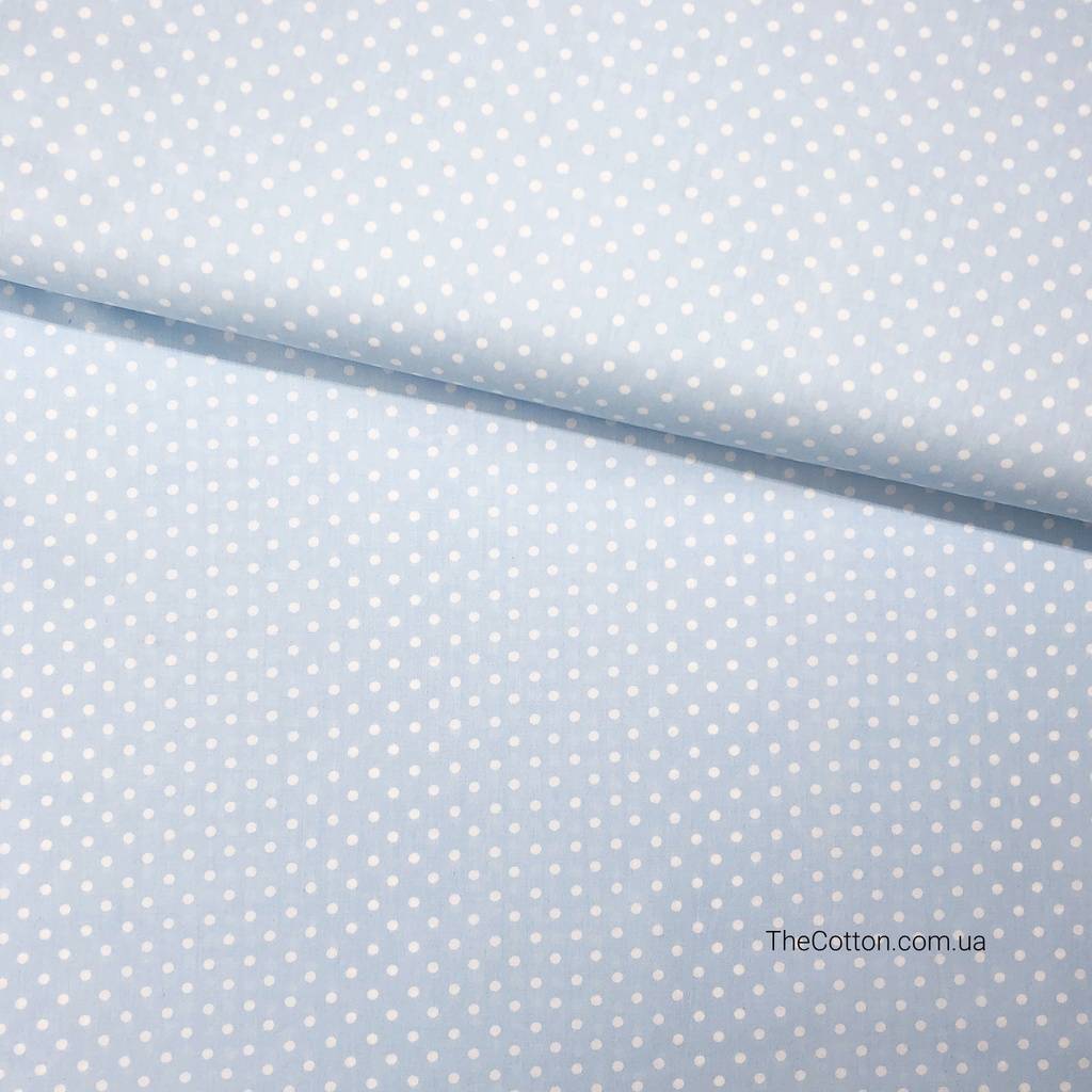 Ткань хлопок, сатин - Горошек мелкий 4 мм белый на голубом