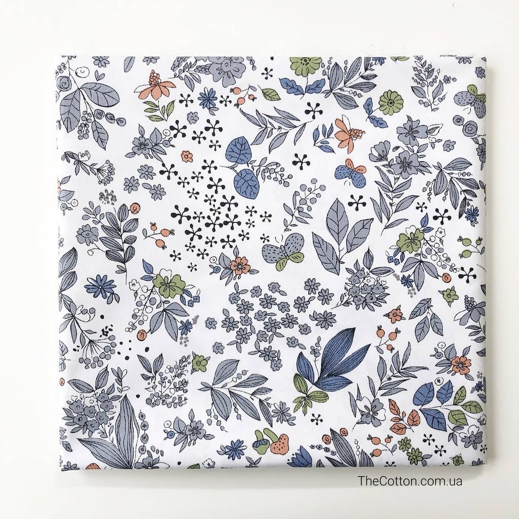 Отрезы хлопка, ткань сатин, Полевые цветы синие на белом