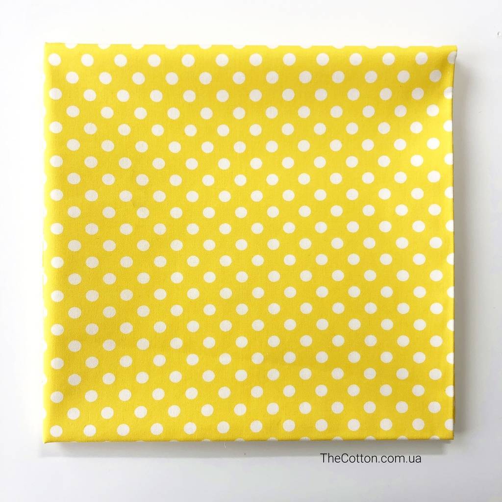14.110.4. Відрізи бавовни – Сатин – Горох середній, 7 мм, білий на жовтому