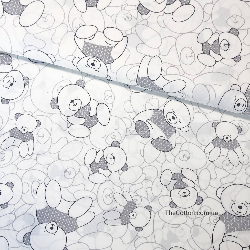Ткань хлопок, сатин - Мишки контурные в серых свитерах-косичках