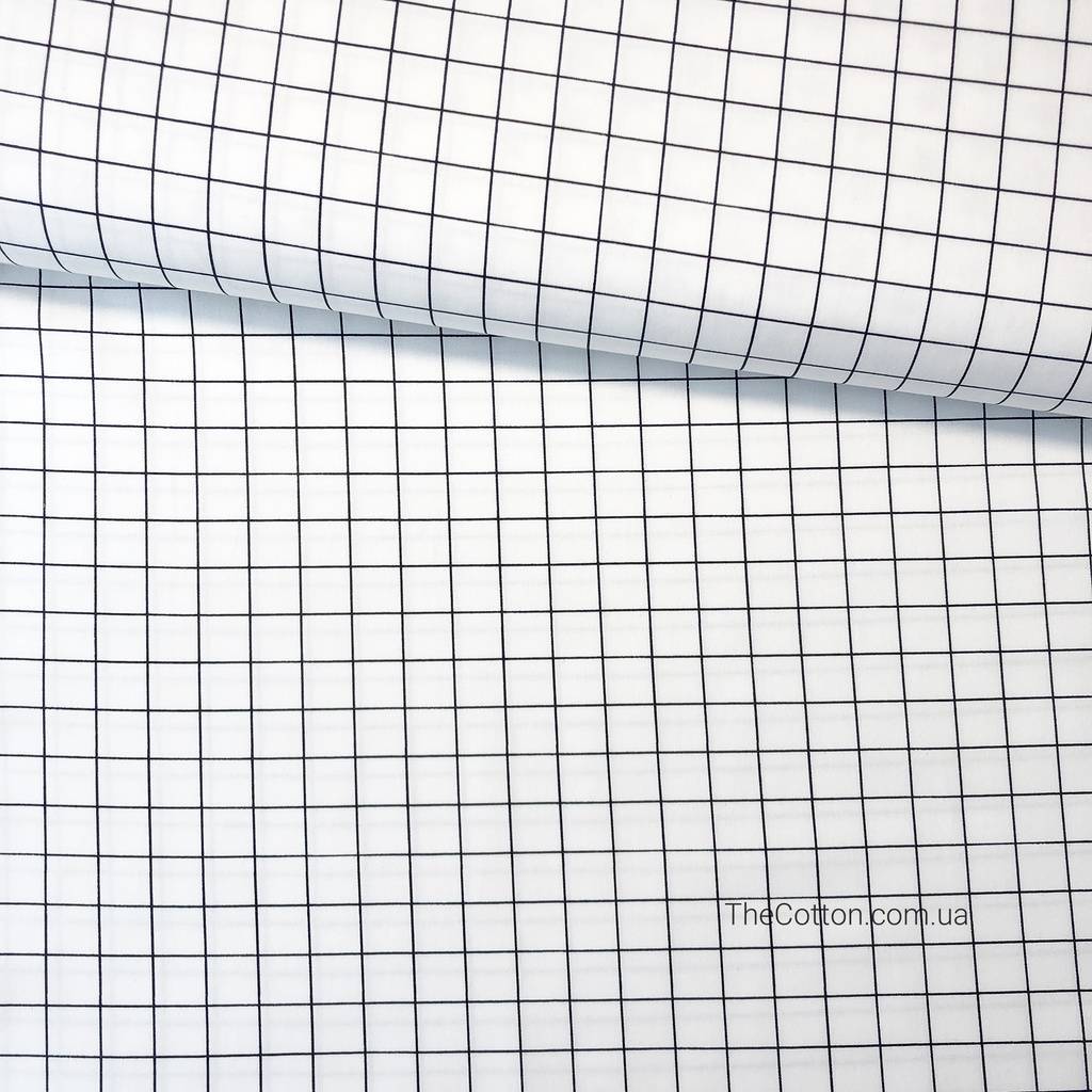 Ткань хлопок, сатин - Клетка черная на белом