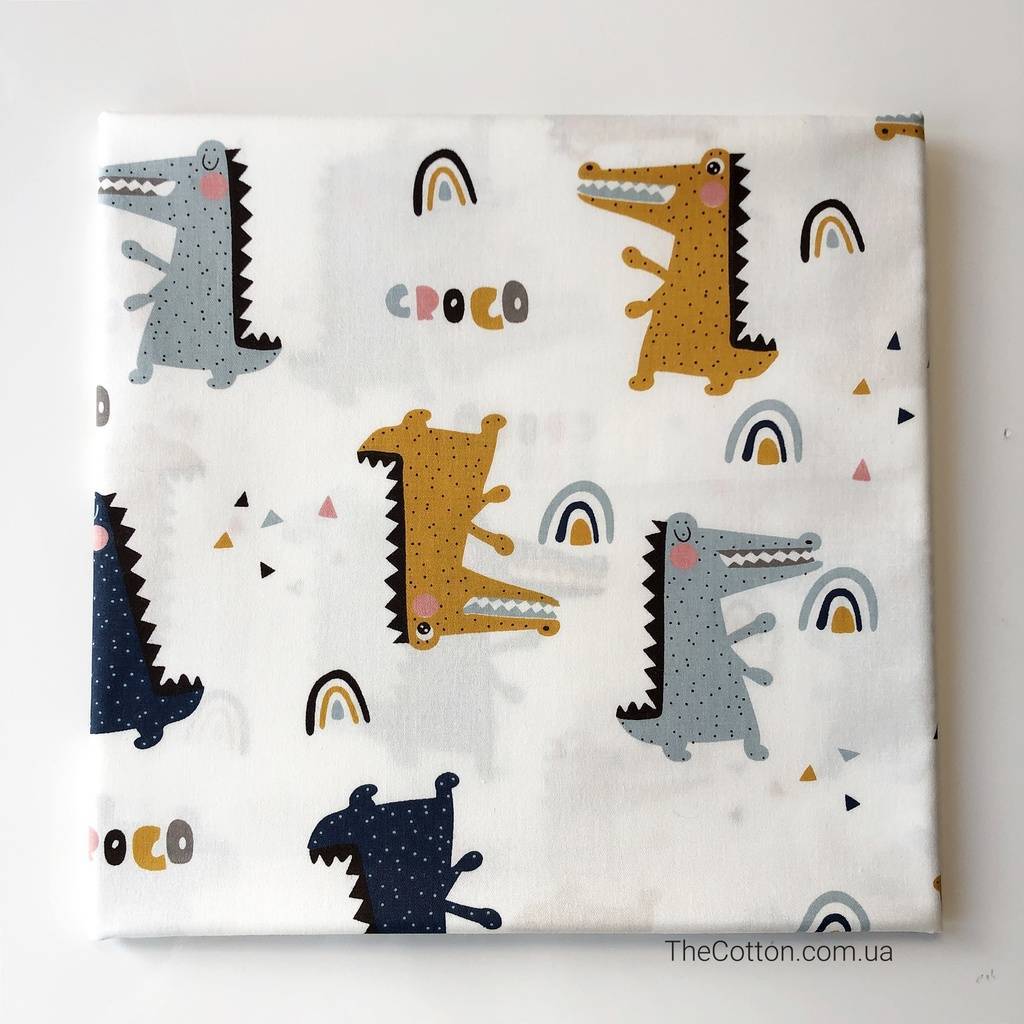 Хлопок сатин - Крокодильчики синие, серые и горчичные на белом