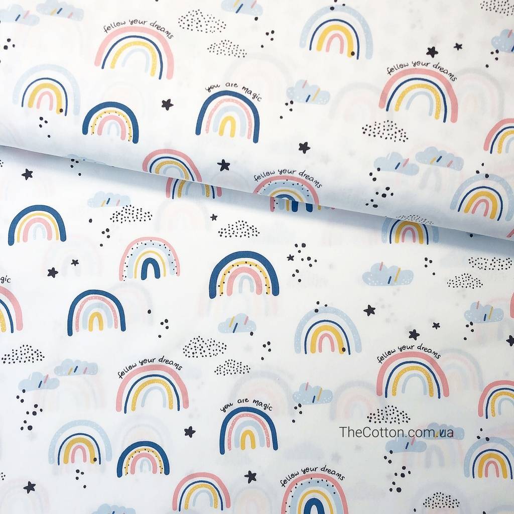 Сатин, хлопок 100% - детские ткани The Cotton - Сканди радуга розовая на белом