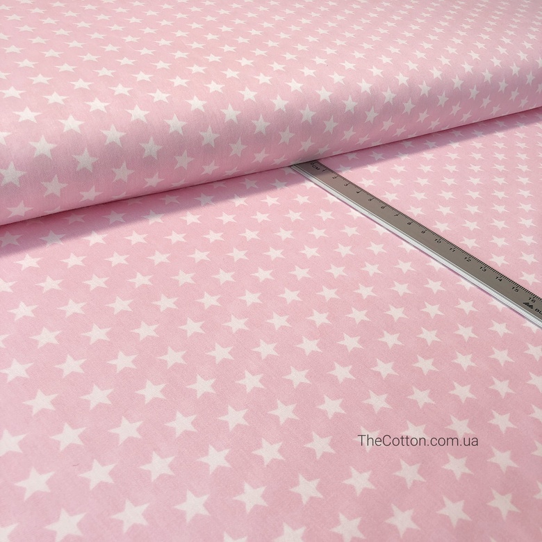 14.157.1. Відрізи бавовни - Зірочки білі 12 мм, на рожевому