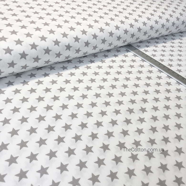 14.157.3. Бавовна Сатин - Зірочки сірі 12 мм, на білому