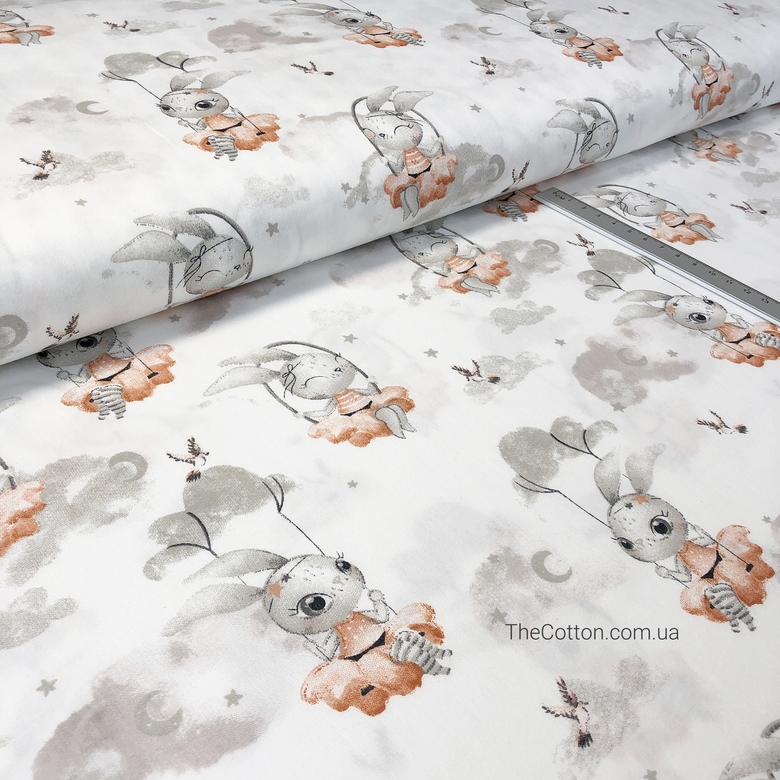 14.337.2. Бавовна Сатин - Зайчики в персикових сукнях на гойдалці на молочному