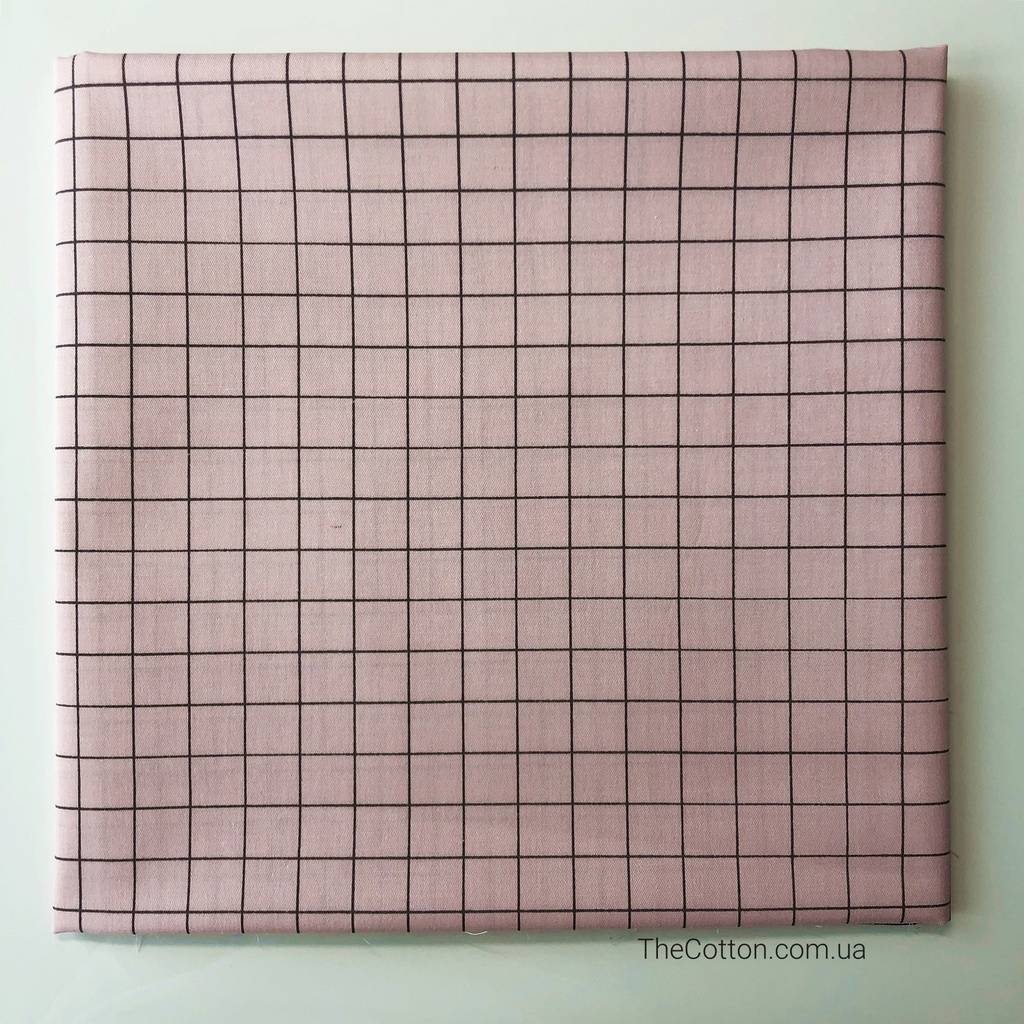 Ткань хлопок, сатин - Клетка графитовая на розовом