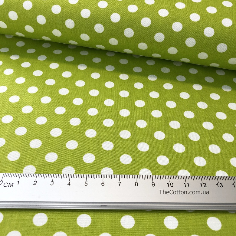 14.110.9. Відрізи бавовни – Сатин – Горох середній, 7 мм, білий на оливково-зеленому
