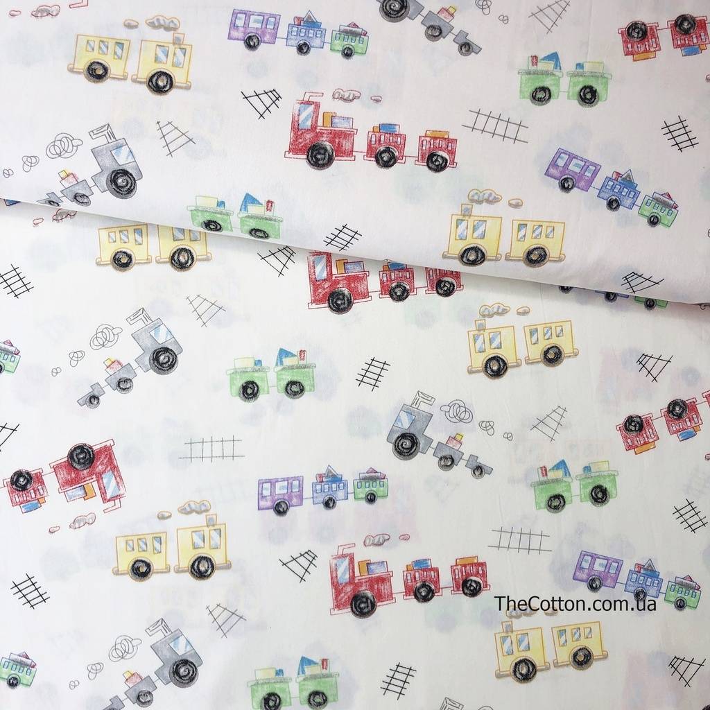 Хлопок сатин - Паровозики цветные на молочном
