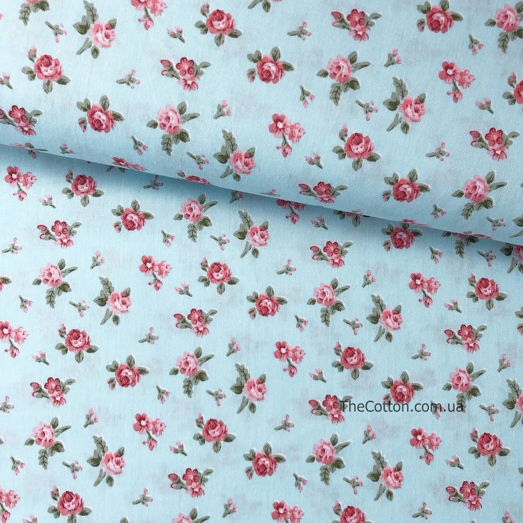 Ткань сатин хлопок 100% - детские ткани The Cotton - Розочки мелкие красные на голубом