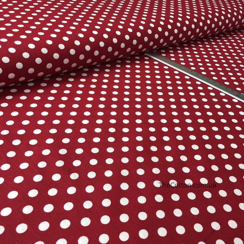 14.110.10. Відрізи бавовни – Сатин – Горох середній, 7 мм, білий на темно-червоному