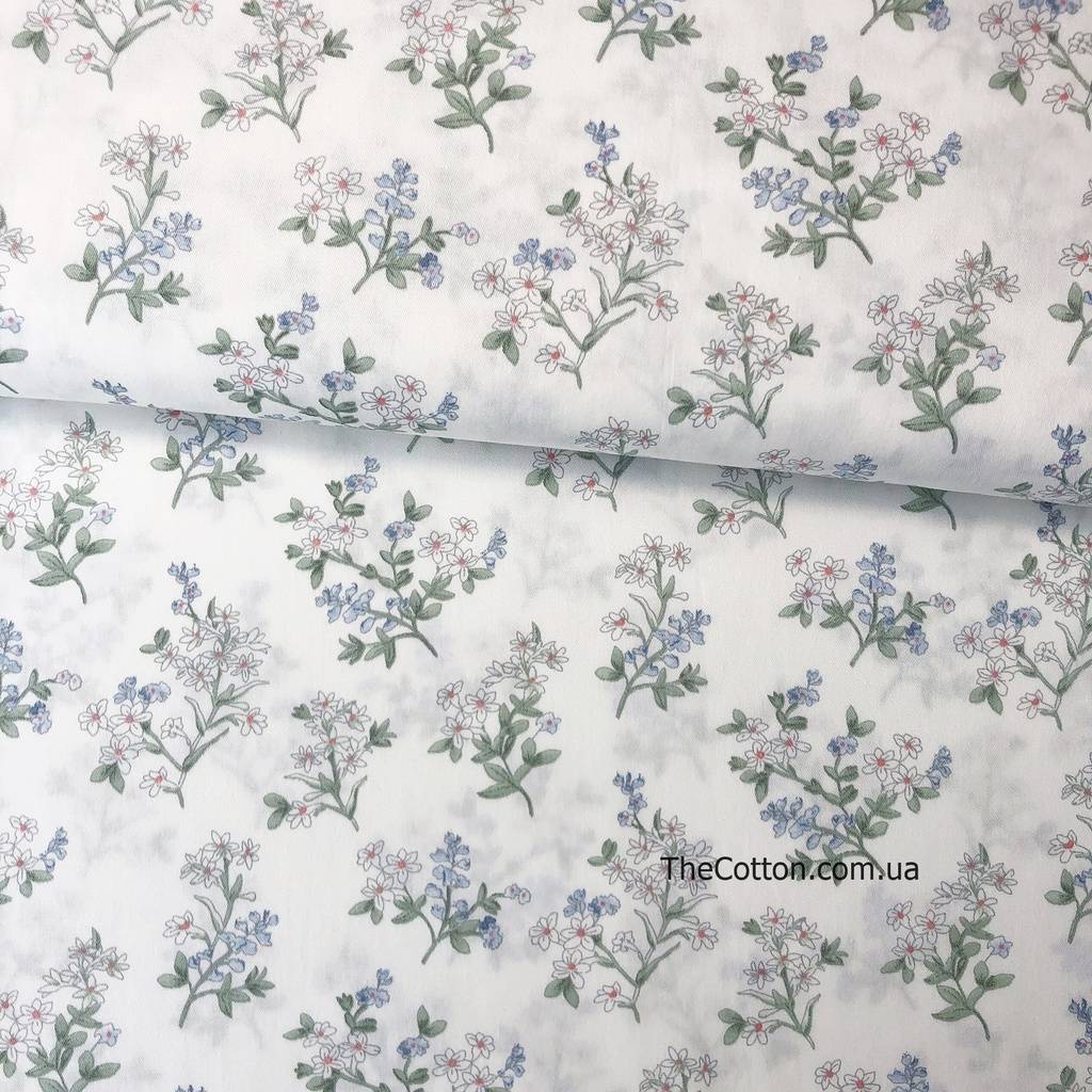 Ткань сатин хлопок 100% - детские ткани The Cotton - Нежное цветение голубые и белые цветочки