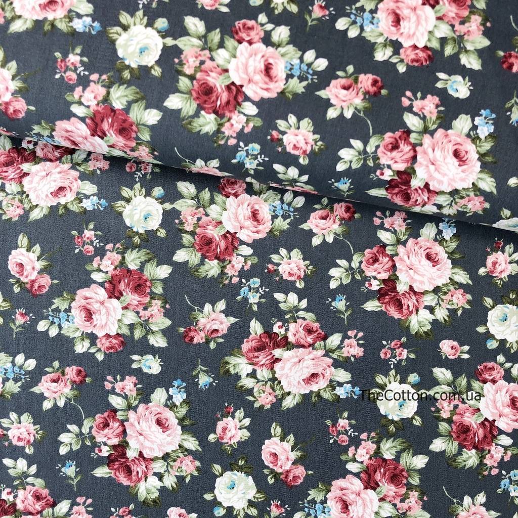Ткань сатин хлопок 100% - детские ткани The Cotton - Розы кантри на тёмно-сером