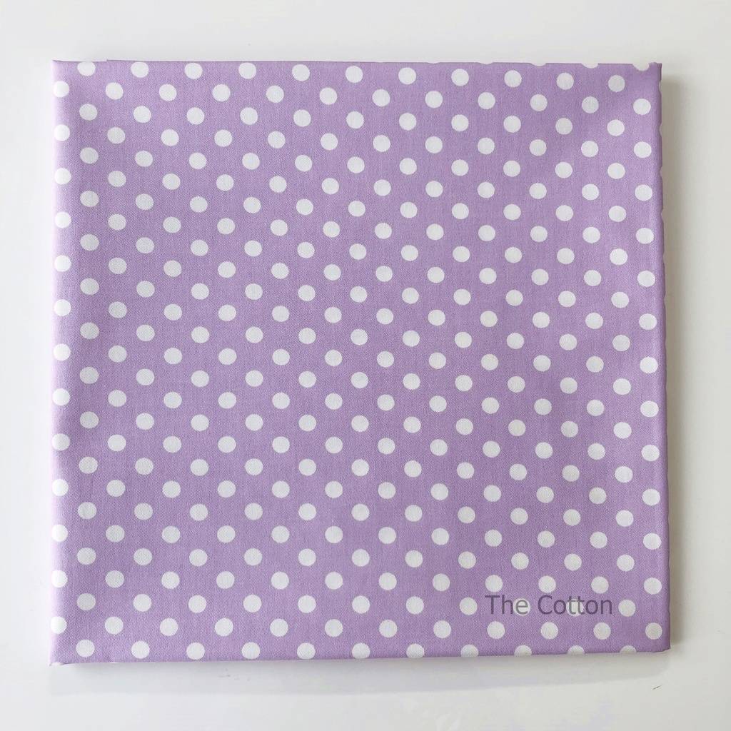 Ткань хлопок, сатин - Горох средний, 7 мм, белый на сиреневом