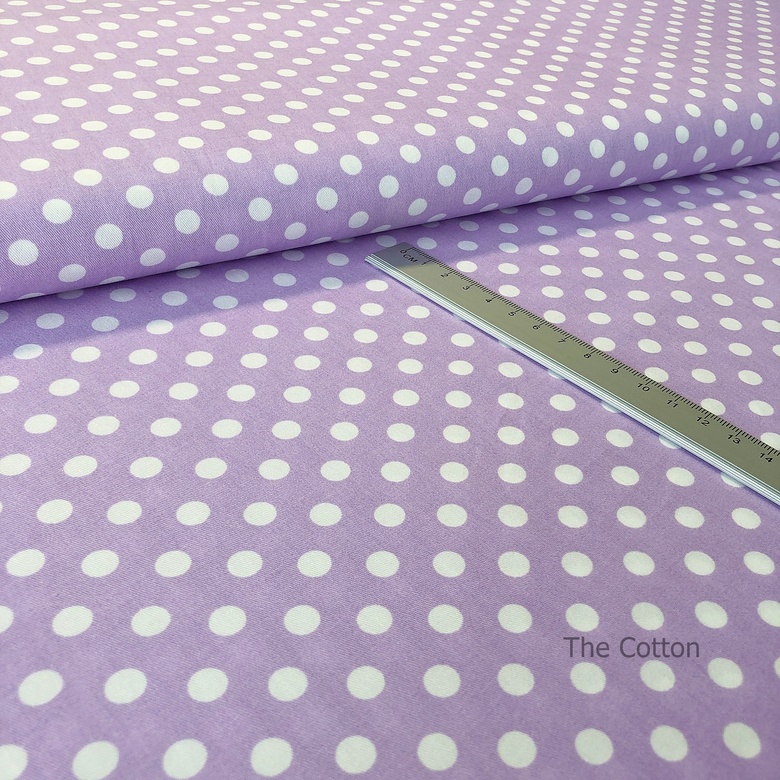 14.110.11. Відрізи бавовни - Сатин - Горох середній, 7 мм, білий на бузковому