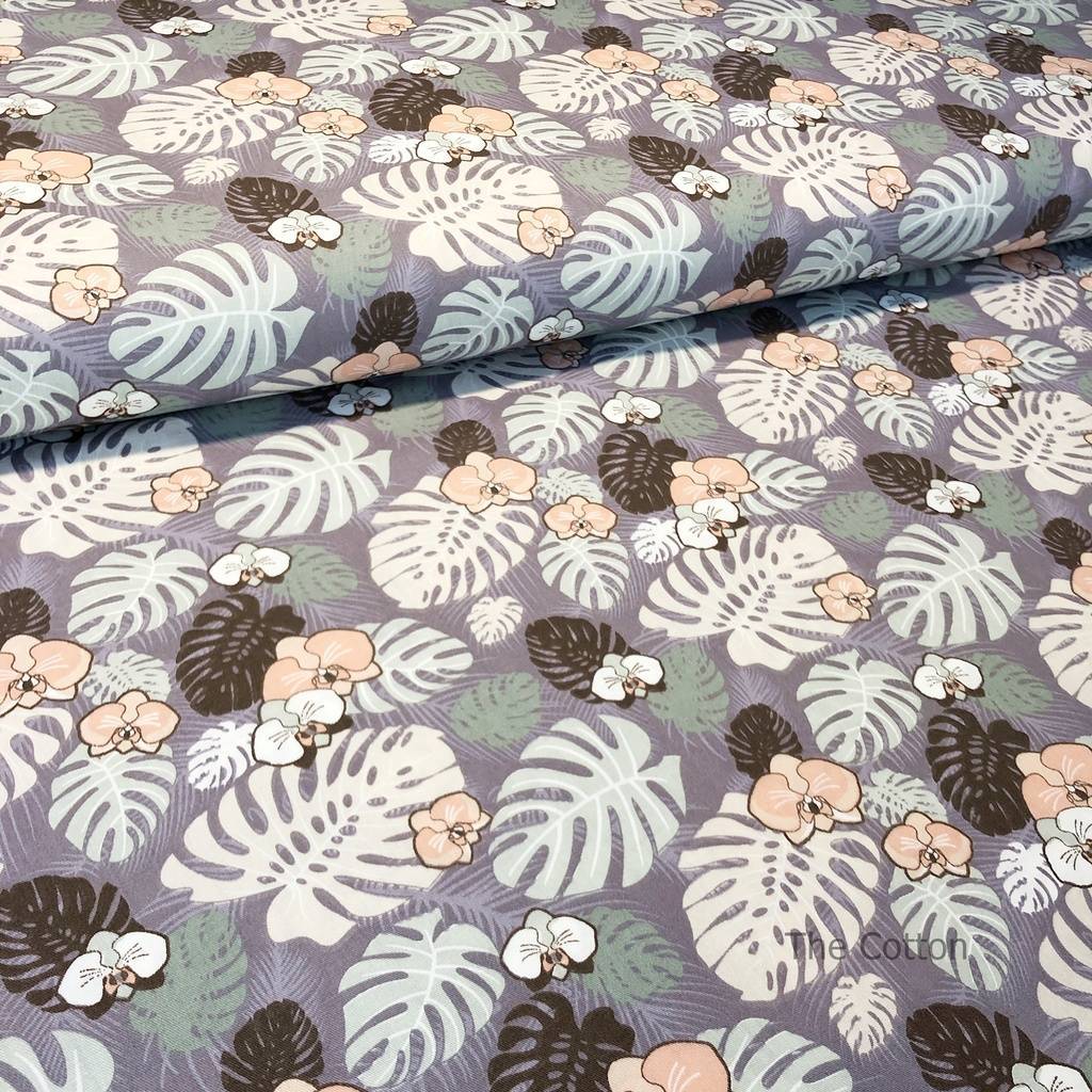 Сатин, хлопок 100% - детские ткани The Cotton - Кофейные тропические листья и орхидеи