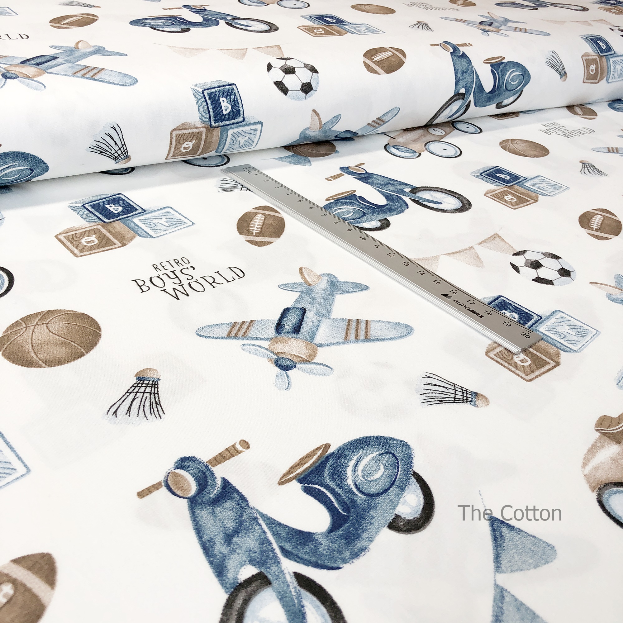 14.508.3. Бавовна Сатін - Ретро іграшки, сині на молоці (Залишок 1,25 м)