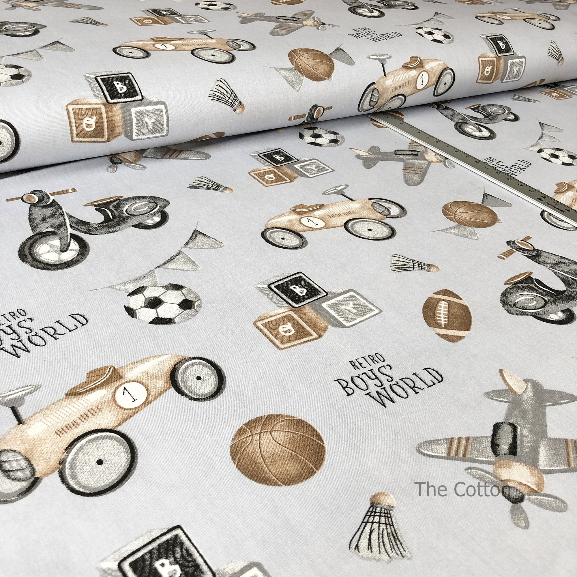 14.508.2. Бавовна Сатін - Ретро іграшки, сірі на світло-сірому