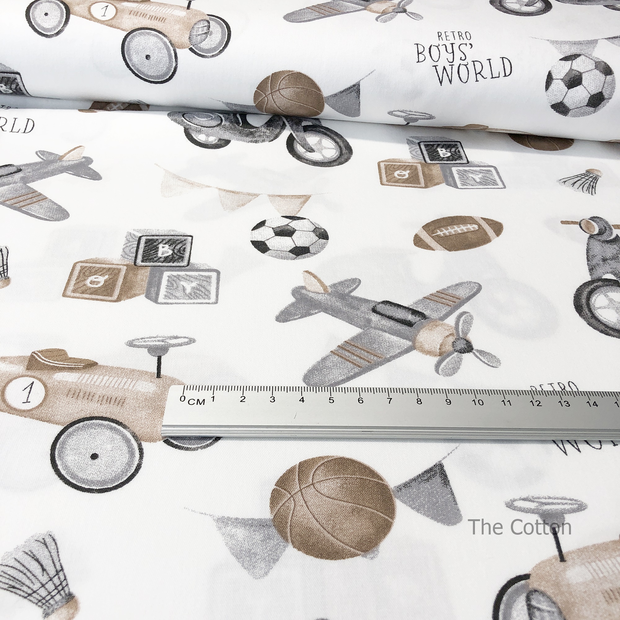 14.508.1. Відрізи бавовни – Сатин – Ретро іграшки, сірі на молоці