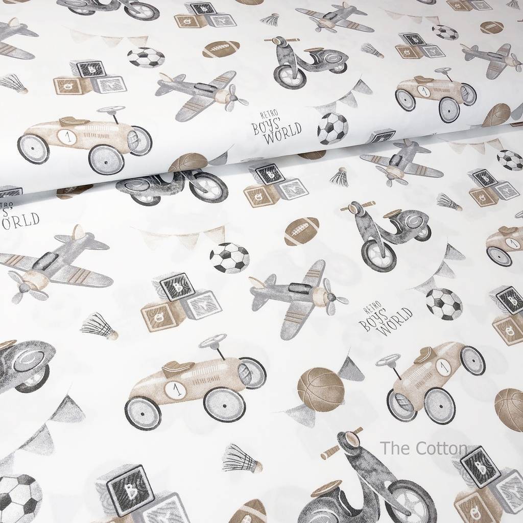 Сатин, хлопок 100% - детские ткани The Cotton - Ретро игрушки, серые на молоке