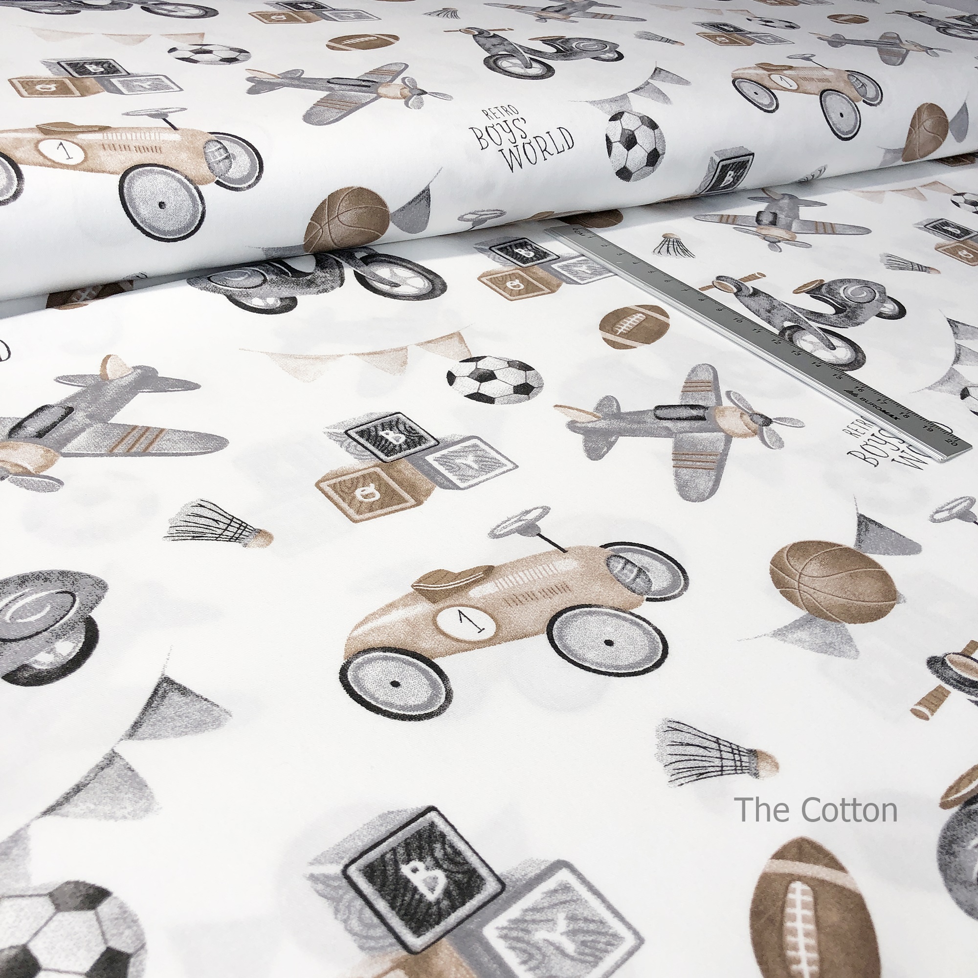 14.508.1. Бавовна Сатін - Ретро іграшки, сірі на молоці