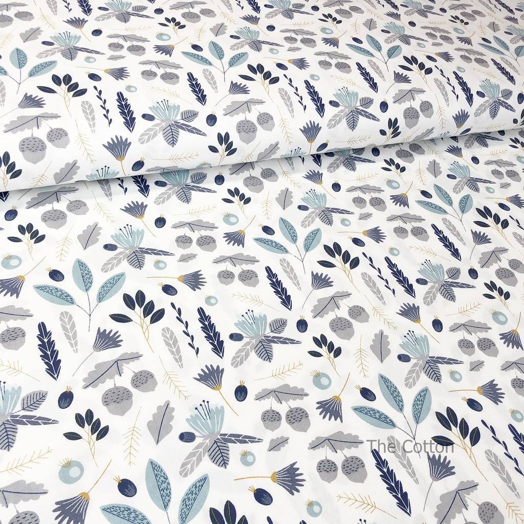 Сатин, хлопок 100% - детские ткани The Cotton - Синие веточки и жёлуди на белом