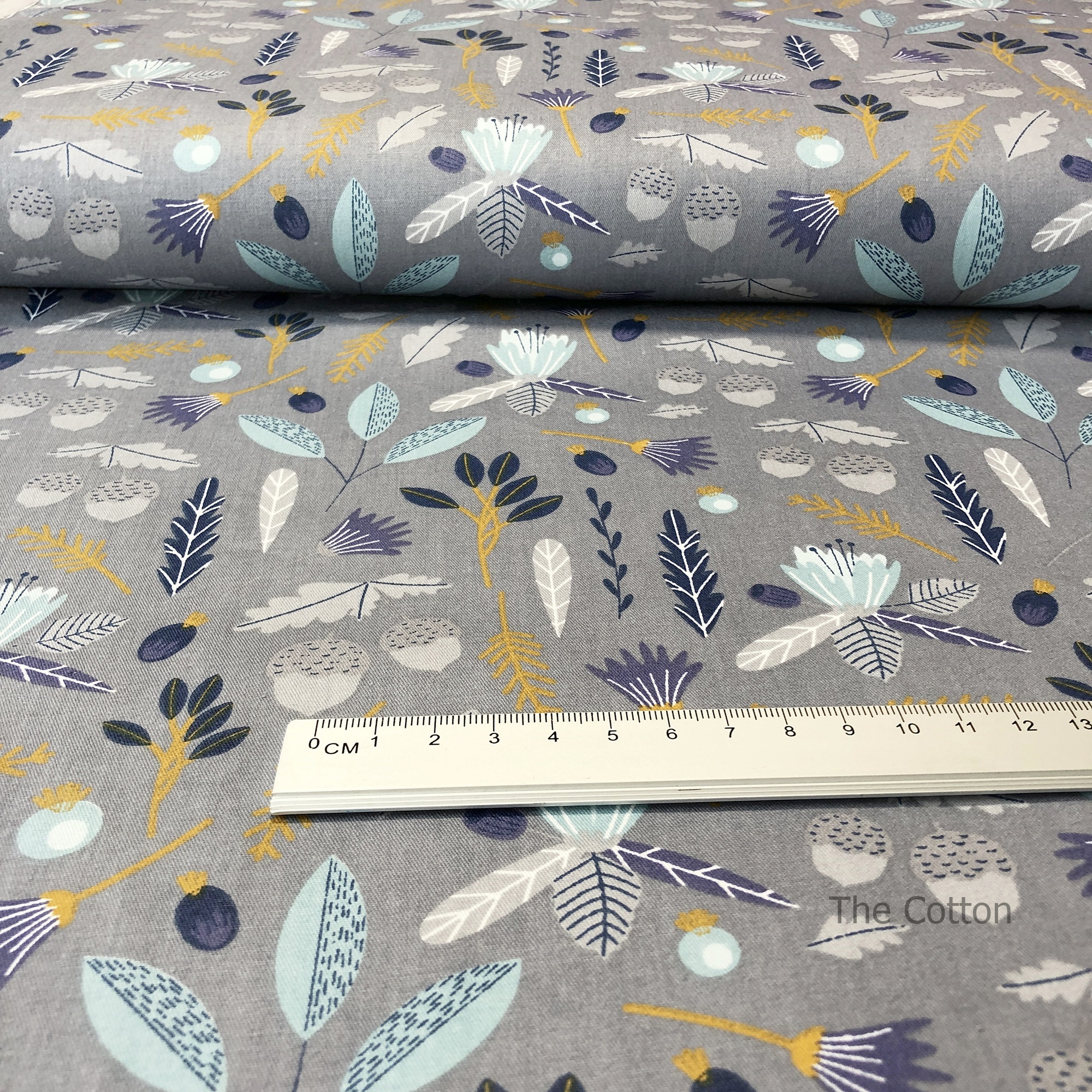 14.278.2. Відрізи бавовни - Сатин - Сині гілочки та жолуді на сірому