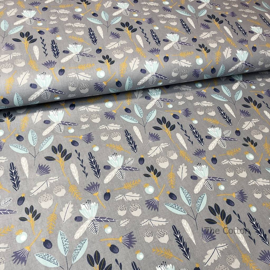 Ткань хлопок, сатин - Синие веточки и жёлуди на сером