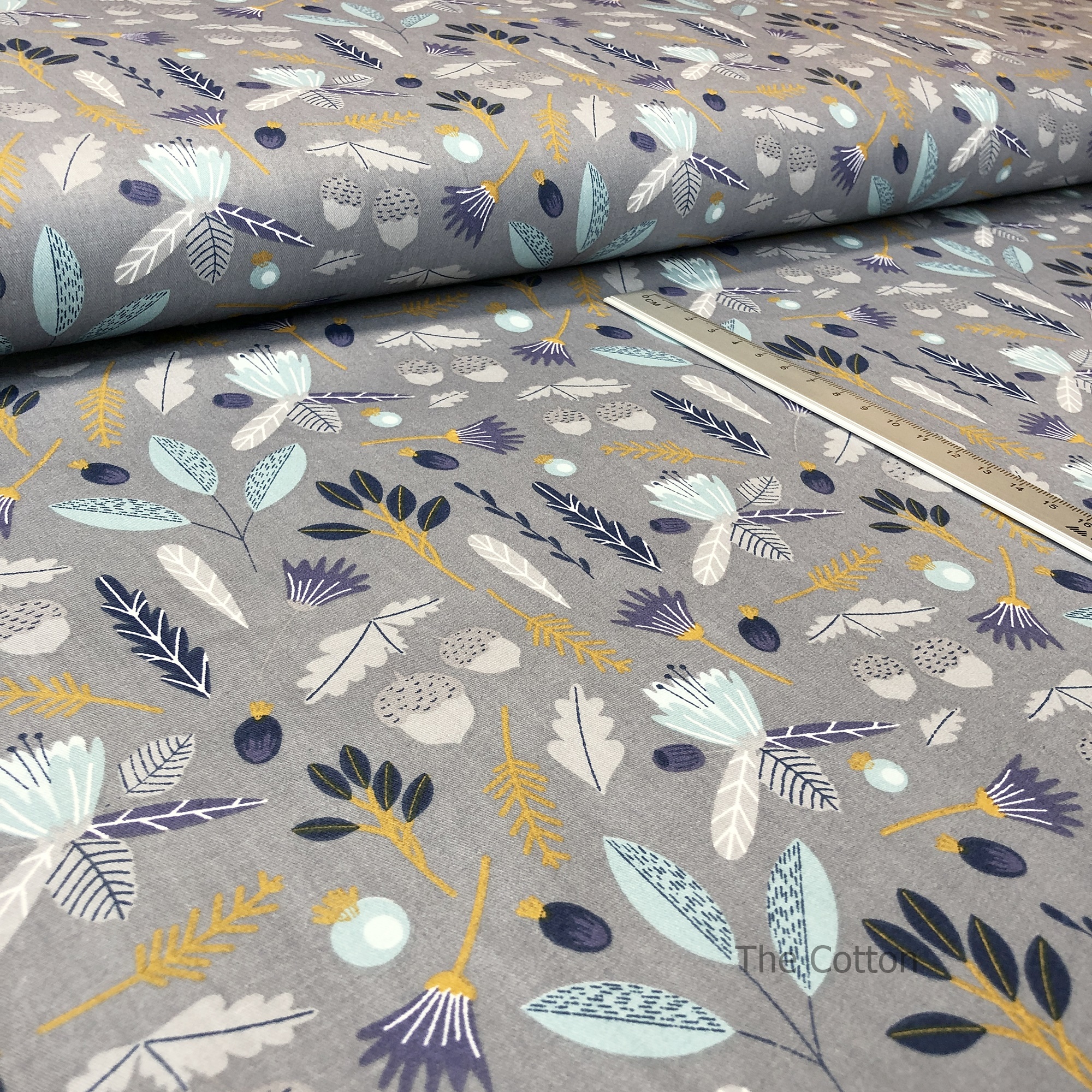 14.278.2. Бавовна Сатин - Сині гілочки та жолуді на сірому