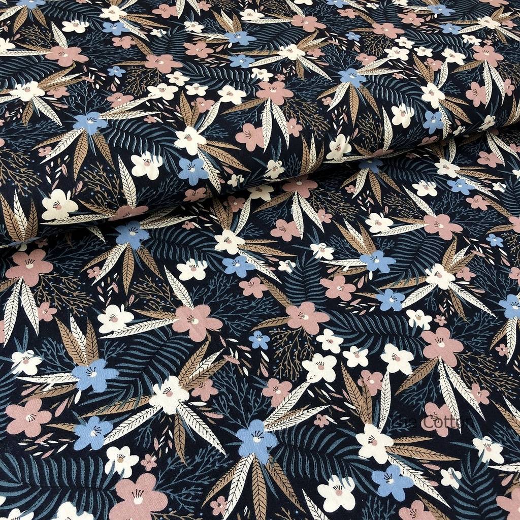Сатин, хлопок 100% - детские ткани The Cotton - Кофейно-кремовые цветы и папоротники на темно-синем