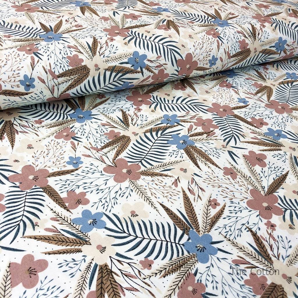 Сатин, хлопок 100% - детские ткани The Cotton - Кофейно-кремовые цветы и папоротники на молоке