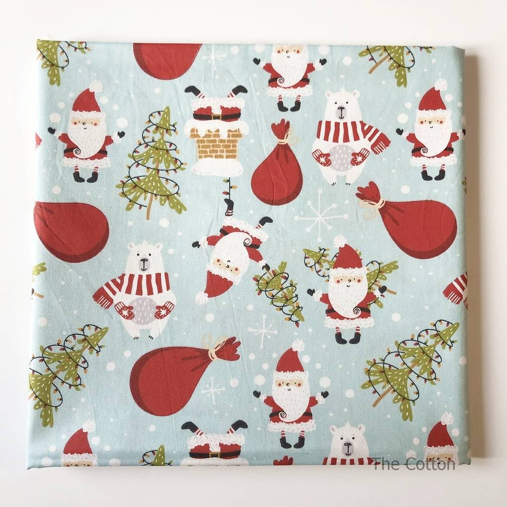 14.506.14. Відрізи бавовни - Сатин - Білий ведмедик і Санта на світло-блакитному