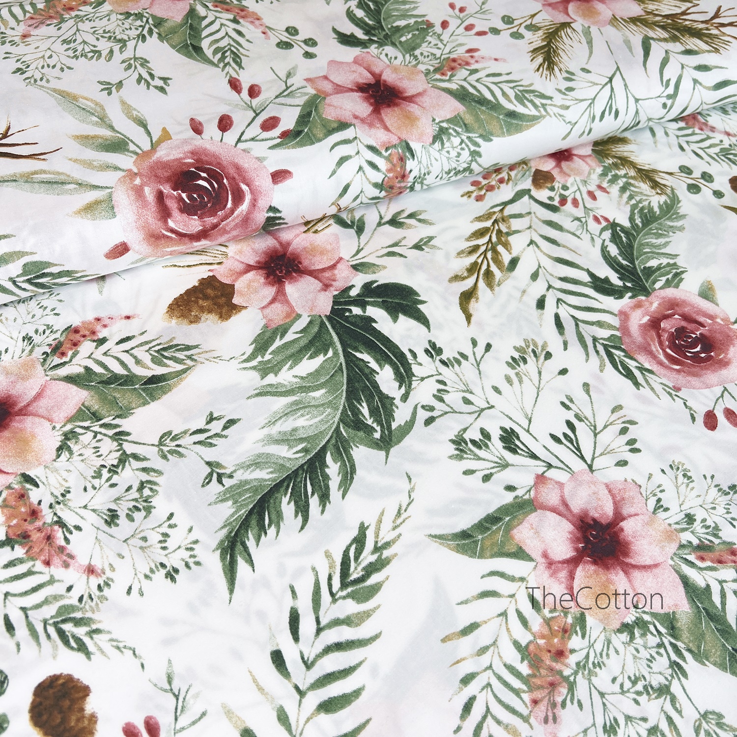 14.291.2. Бавовна Сатин - Рожеві квіти з великим листям на молочному