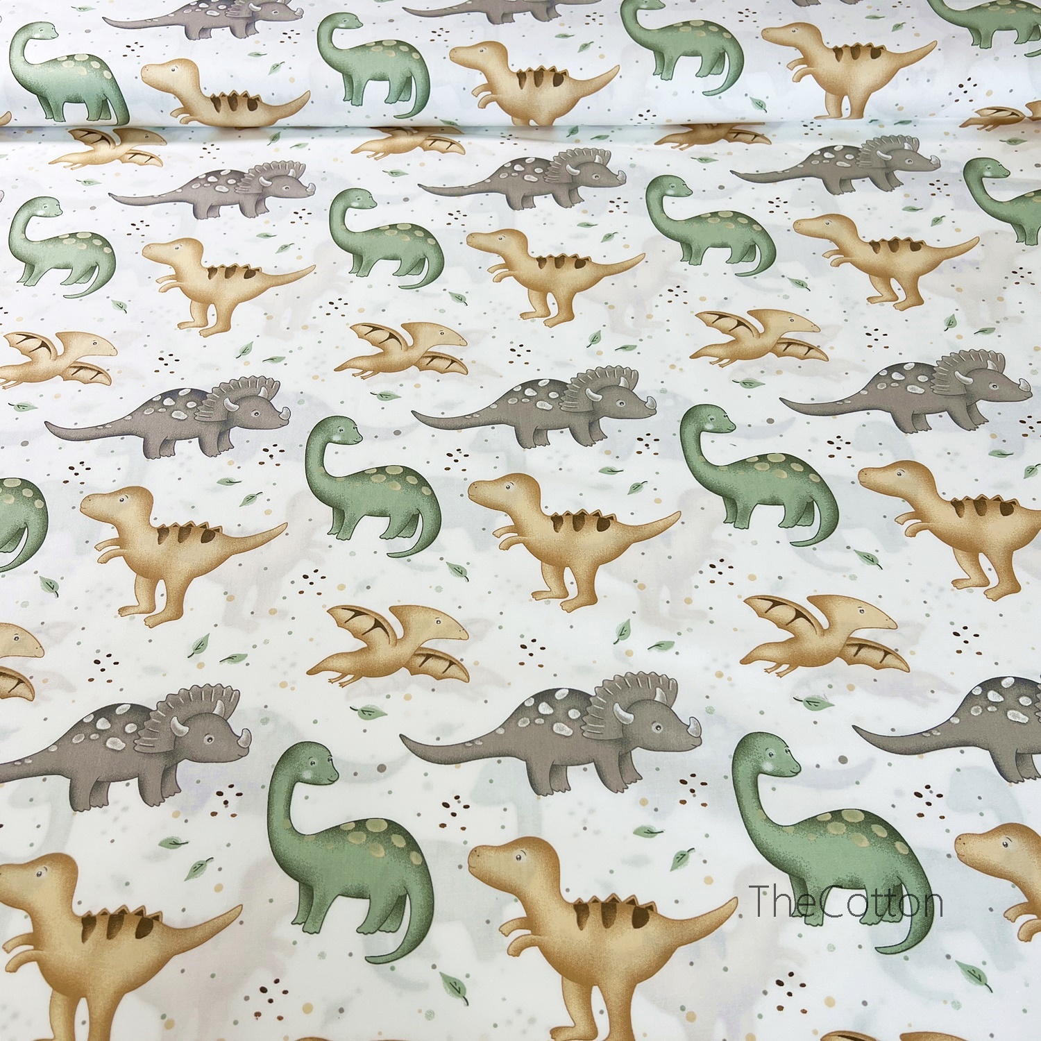 14.384.4. Бавовна Сатин - Динозаври зелені, бежеві та сірі на молочному