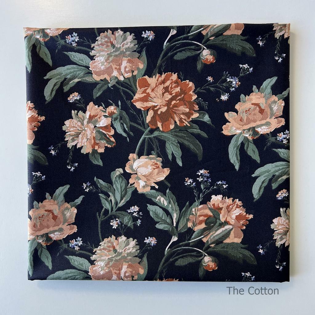 Тканина бавовняна, сатин, Піони на чорному