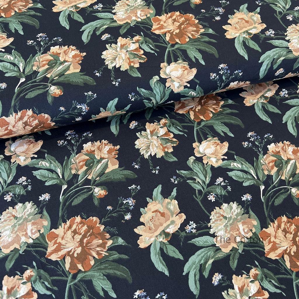 Натуральна бавовняна тканина, сатин, для пошиття одягу, постільної білизни, рукоділля - Піони на чорному