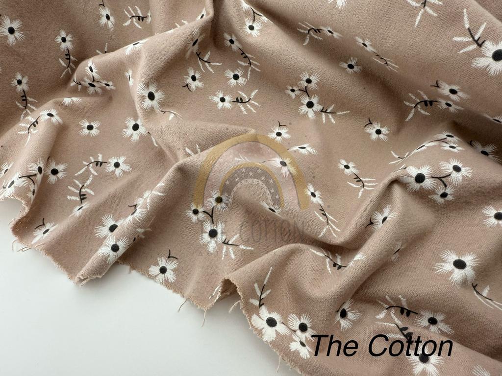 Фланель - Тепла бавовна - Квіти білі на бежевому