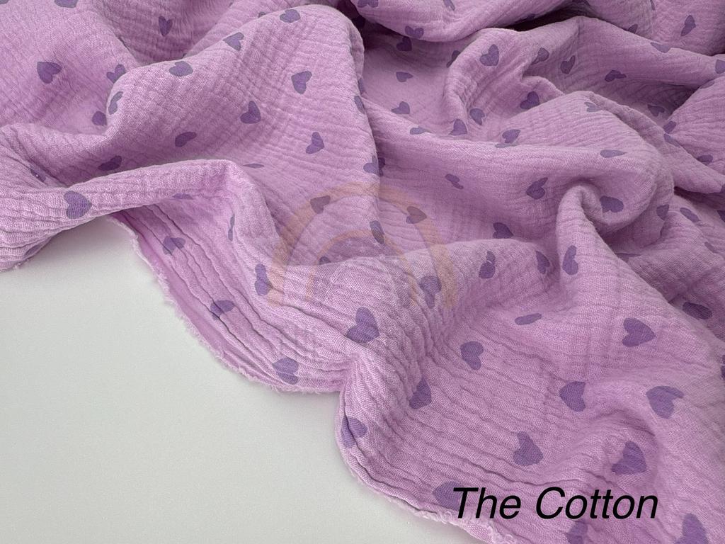 Муслін - Серця середні фіолетові  на світло-бузковому