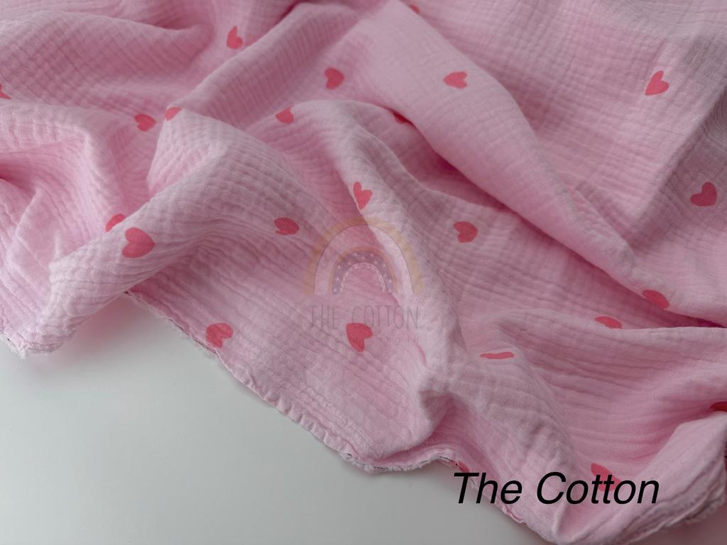Муслін - Серця середні рожеві  на рожевому
