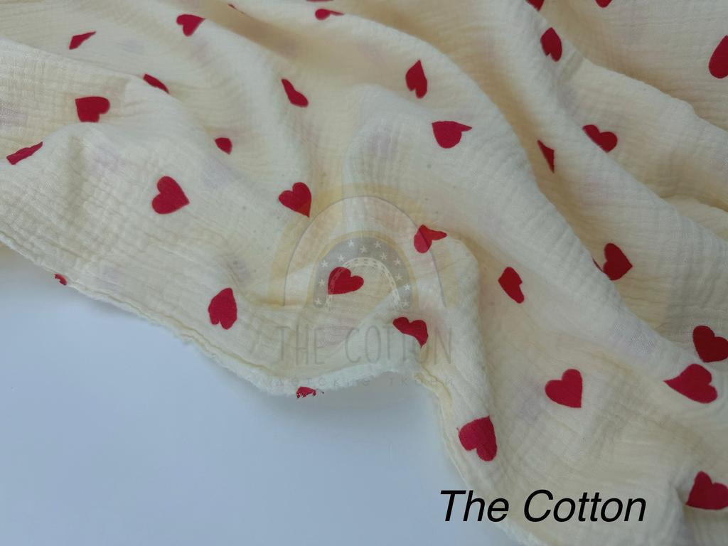 Муслін - Сердечки червоні великі  на айворі